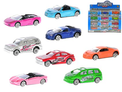 Auto sportovní 7,5cm kov 1:64 volný chod 8druhů v krabičce 36ks v DBX