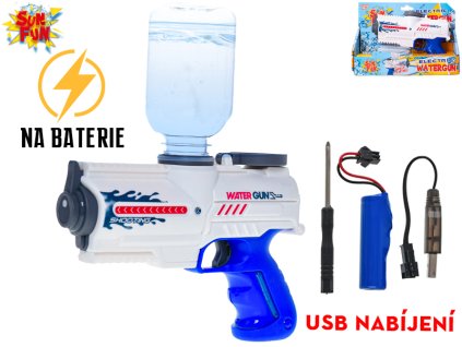 Sun Fun pistole vodní 18cm na baterie + USB s lahví/zásobníkem v krabičce