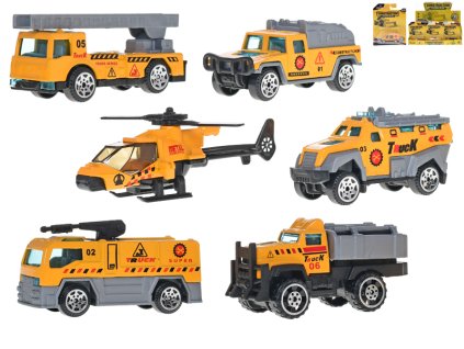 Vozidla stavební 7-8,5cm kov volný chod 7druhů na kartě 18ks v DBX