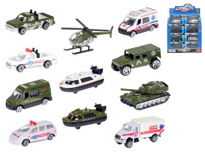 Vozidla vojenská/ambulance 7-8cm kov 1:64 volný chod 12druhů v krabičce 24ks v DBX