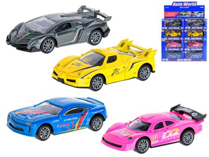 Auto sportovní 10cm 1:43 kov zpětný chod 4druhy v krabičce 24ks v DBX