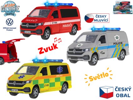 Kids Globe Traffic VW záchranné složky CZ 13,5cm kov zpětný chod česky mluvící se světlem 12ks v DBX