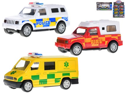 Vozidla záchranných složek 11cm kov zpětný chod 3druhy v krabičce 24ks v DBX
