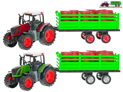 Traktor s vlečkou 50cm na setrvačník + 6ks sudů 2barvy v krabičce