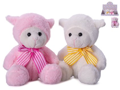 Ovečka plyšová 15cm sedící s mašlí 2barvy v krabičce 12ks v DBX