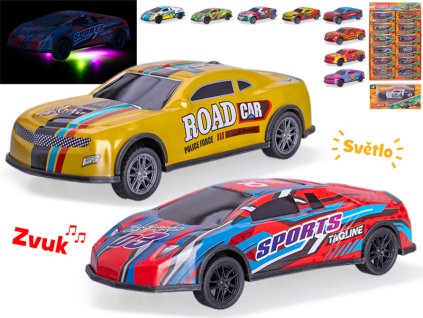 Auto závodní 12,5cm kov na zpětný chod na baterie světlo, zvuk v krabičce 2druhy 12barev 12ks v DBX