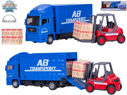 Kids Globe Traffic kamion MAN 17cm kov volný chod s paletovým vozíkem 10cm v krabičce