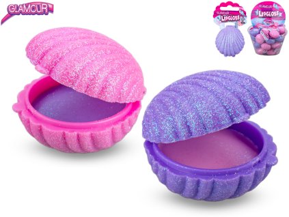 Glamour lesk na rty 7ml ve tvaru mušle 2barvy na kartě 32ks v plastové misce