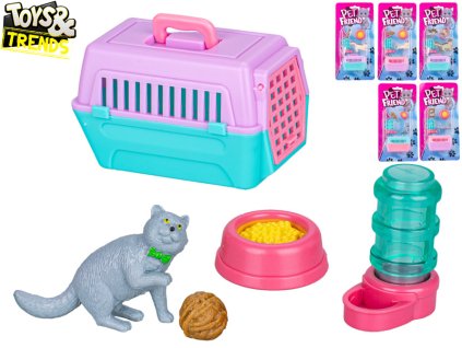 Toys&Trends kočka s přepravkou 7,5cm a doplňky 6druhů na kartě