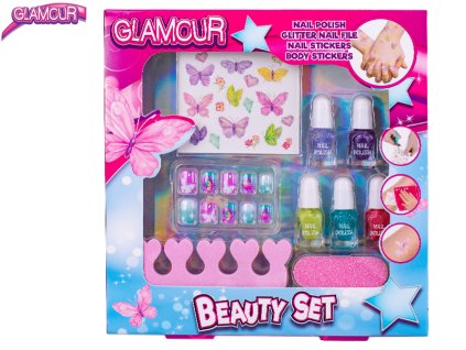 Glamour sada krásy s laky na nehty, pilníkem a nálepkami na tělo a nehty v krabičce