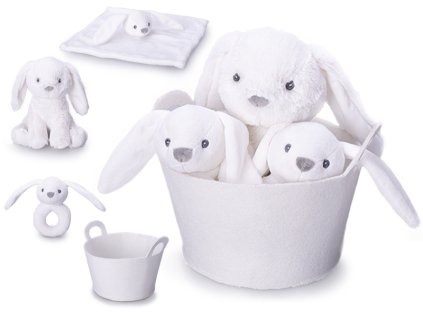 Zajíček plyšový 20cm bílý sedící s chrastítkem 13cm a usínáčkem v košíku 0m+ v sáčku