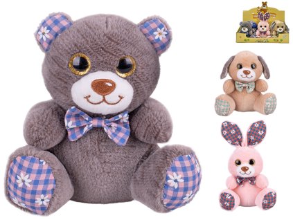 Zvířátko plyšové 15cm sedící s mašlí 3druhy 0m+ 9ks v DBX