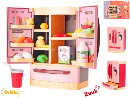 Lednice 26x18x12cm červená na baterie s doplňky se světlem a zvukem v krabičce