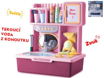 Umyvadlo růžové 35x23x40cm na baterie s tekoucí vodou se světlem, zvukem a doplňky v krabičce