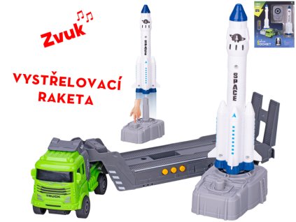 Auto nákladní 30cm na setrvačník na baterie se zvukem + raketa 16,5cm s vystřelovačem v krabičce