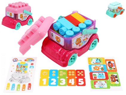 Autobus 19cm volný chod se sadou kostek 18ks a samolepkami 2barvy 12m+ v síťce