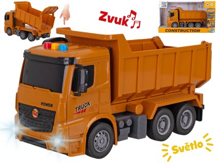 Auto stavební sklápěčka 26cm na setrvačník na baterie se světlem a zvukem v krabičce