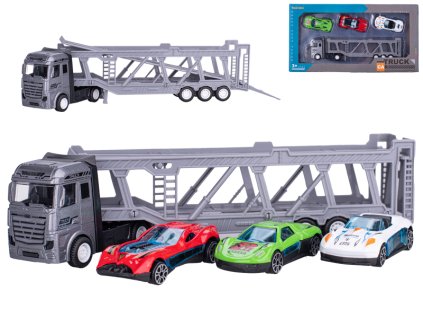 Přepravník aut 22cm kov volný chod s auty 3ks 7cm kov volný chod v krabičce