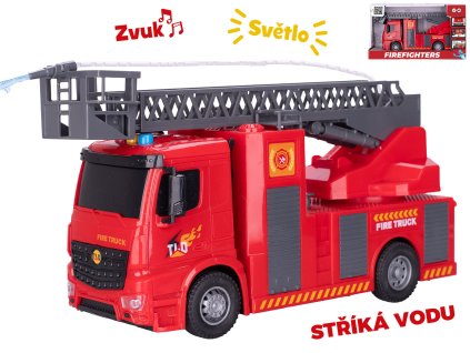 Auto hasiči 30cm stříkající vodu na setrvačník na baterie se světlem a zvukem v krabičce