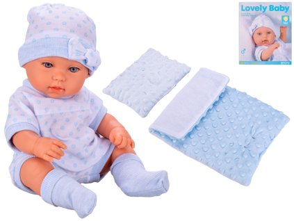 Miminko tvrdé tělo 33cm modré s peřinkami v krabičce