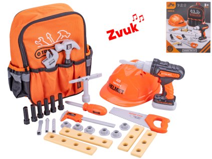 Sada nářadí s vrtačkou 15cm na baterie se zvukem s batůžkem a doplňky 28ks v krabičce