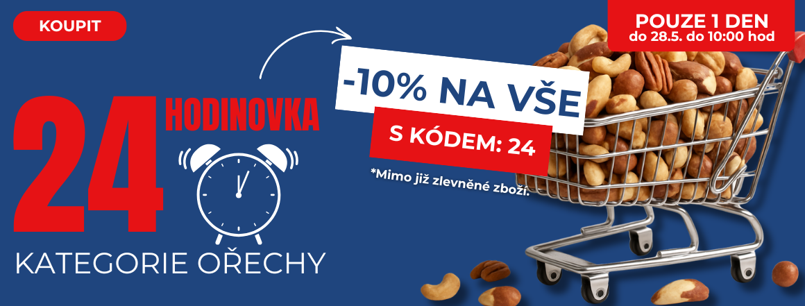 Od 10:00 do zítřejších 10:00 sleva 10% na kategorii ořechy | Široký výběr ořechů