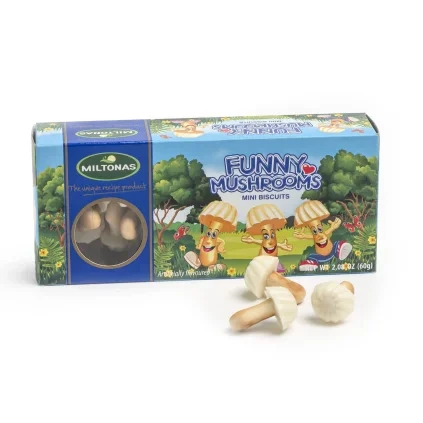 MILTONAS Hříbečky MINI z bílé čokoládové polevy a sušenky 60 g DMT 02/2026