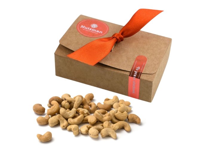 NUTSMAN Dárková krabička kešu ořechy W320,pražené & solené uzené 150 g