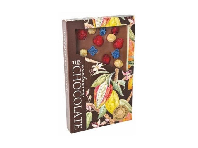 The Chocolate Formovaná mléčná čokoláda s lískovými oříšky třešněmi a fialkami 145 g