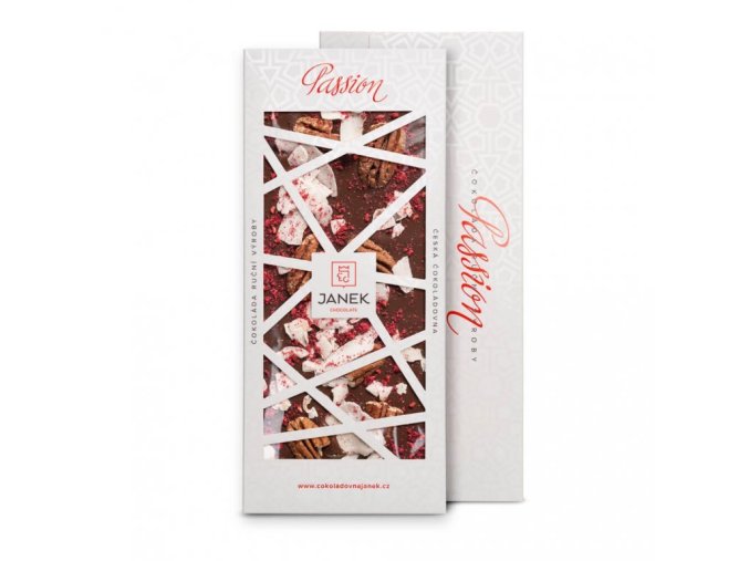 JANEK Mléčná čokoláda Passion 41,3% (pekany, lyofilizované maliny, kokos) 120 g DMT 08/25