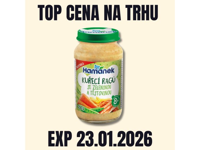 HAMÁNEK MV Kuřecí ragú se zeleninou a těstovinou sklo 230 g PRODLOUŽENÁ EXP 23.01.2026
