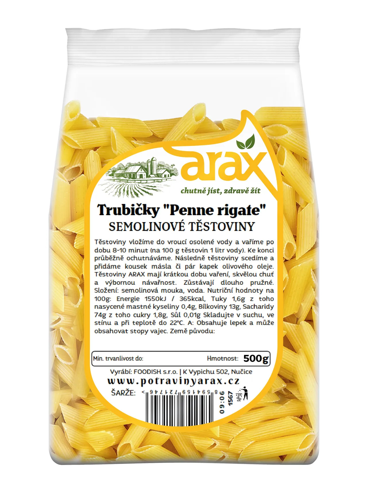 Levně ARAX Těstoviny semolinové trubičky "Penne Rigate" 500 g