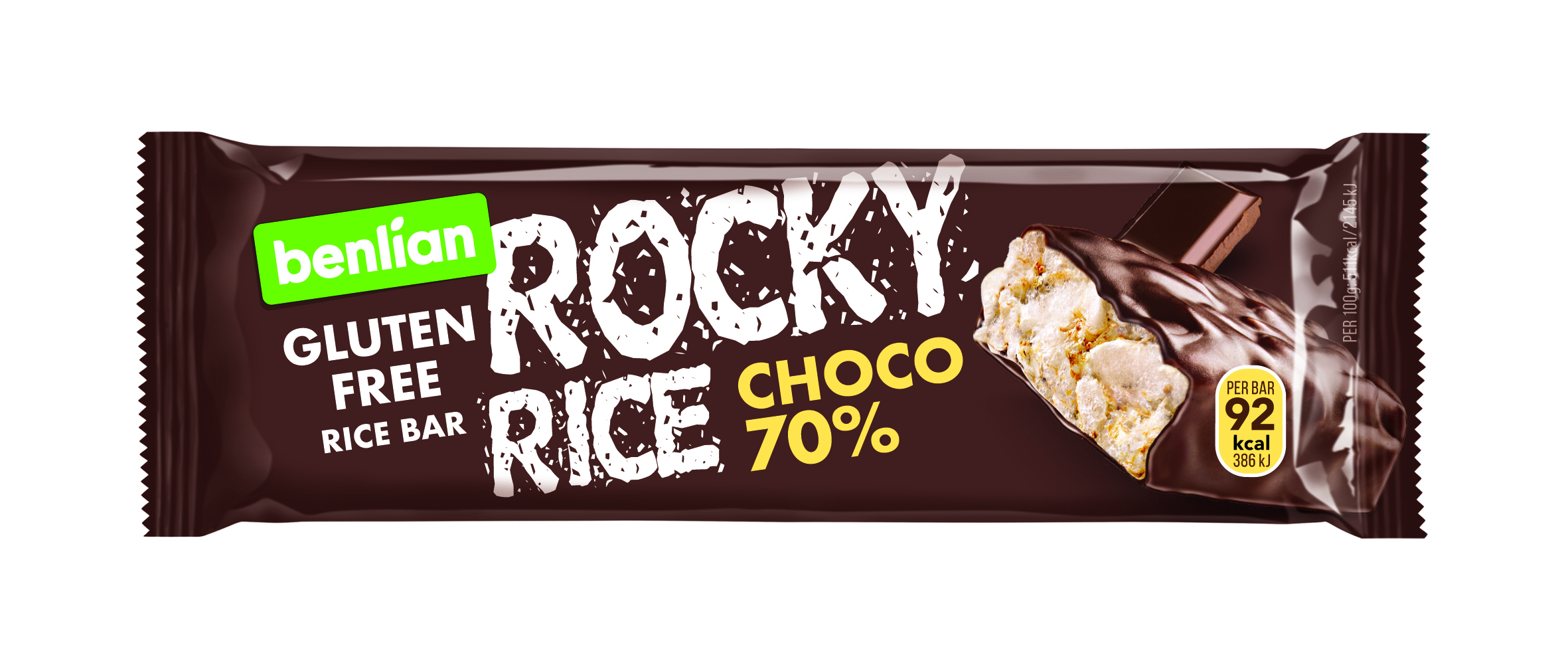 Levně Benlian Rocky Rice rýžová tyčinka hořká 70 % čokoláda 18 g