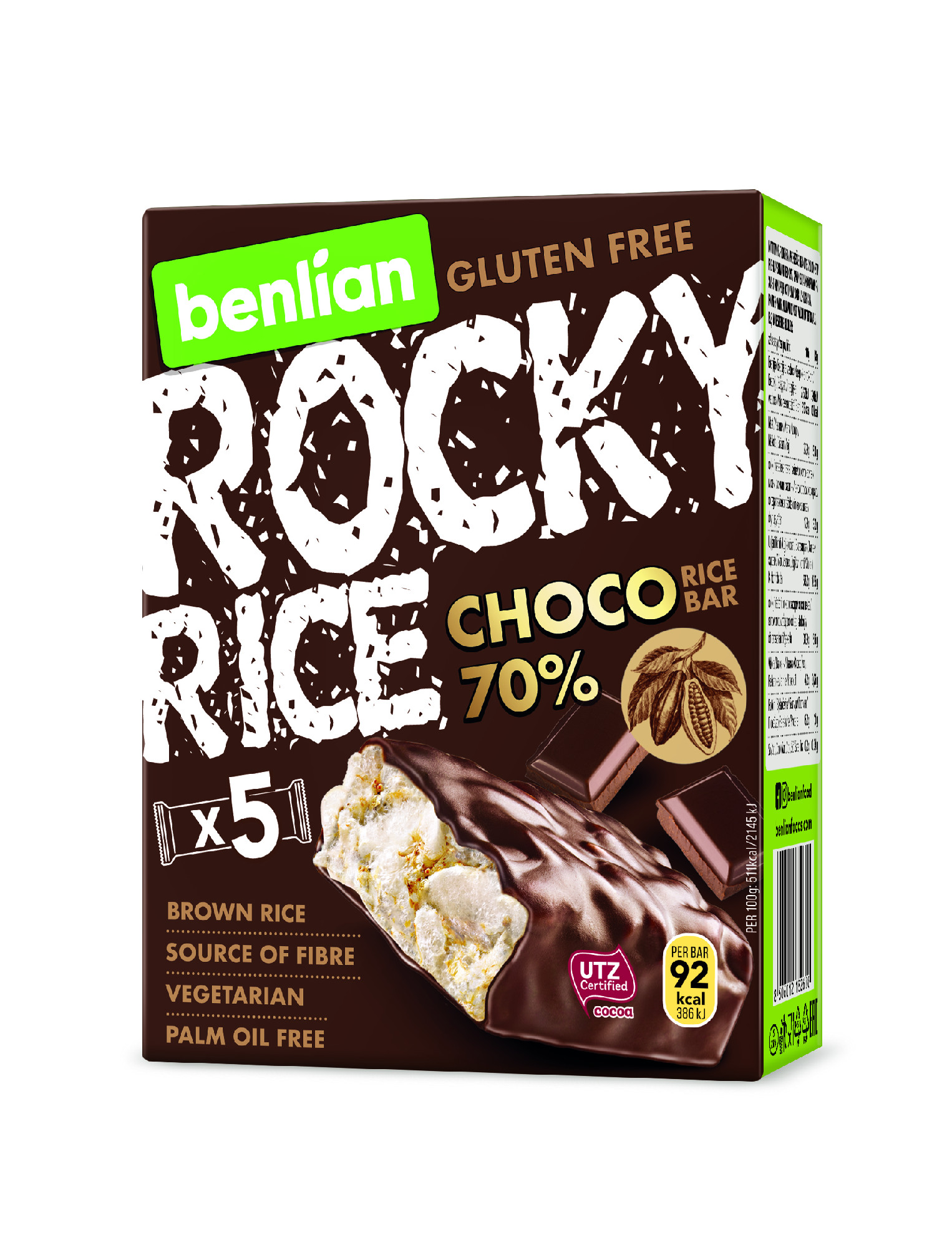 Levně Benlian Rocky Rice rýžová tyčinka hořká 70% čokoláda mulipack 5x 18 g