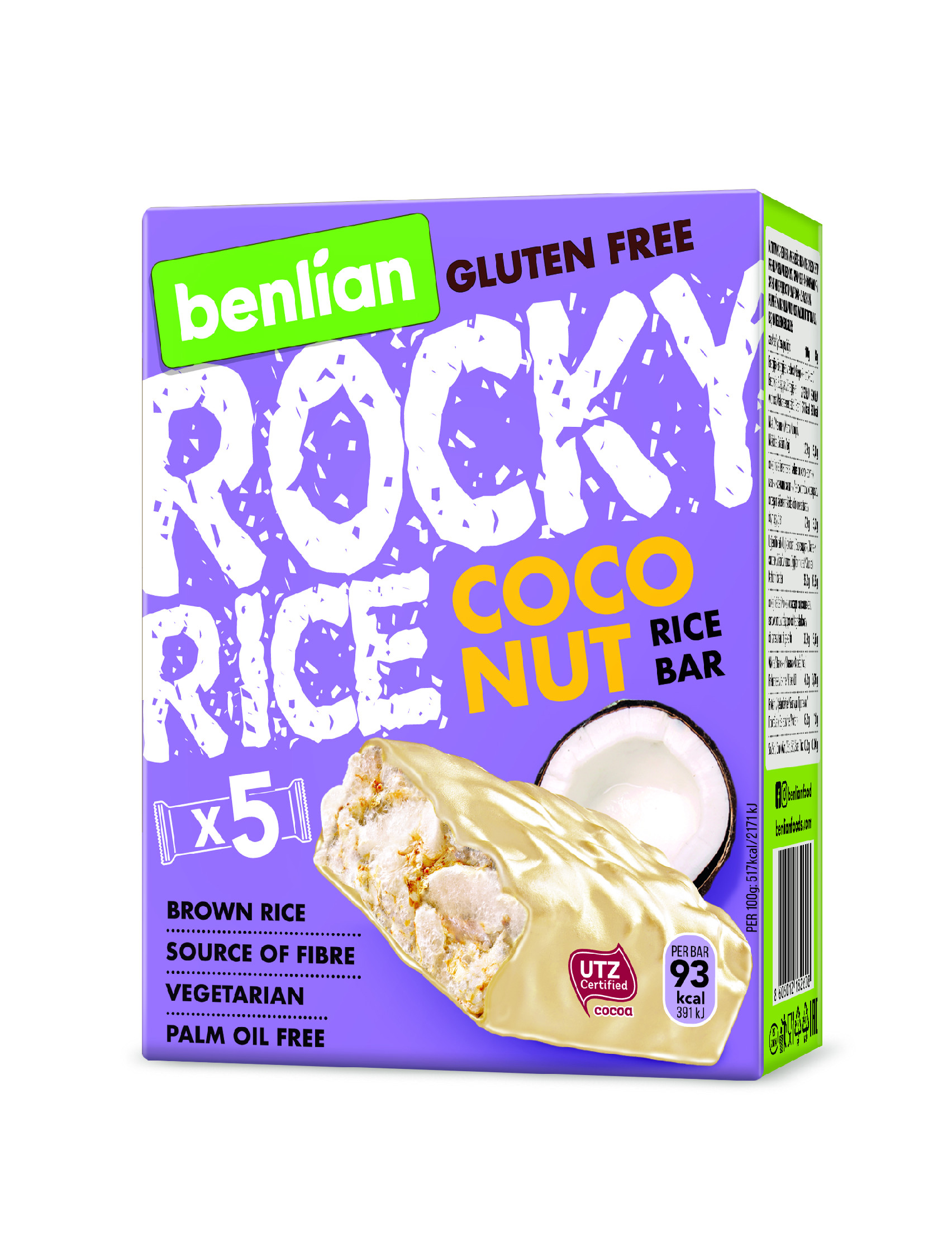 Levně Benlian Rocky Rice rýžová tyčinka bílá čokoláda - kokos mulipack 5x 18 g