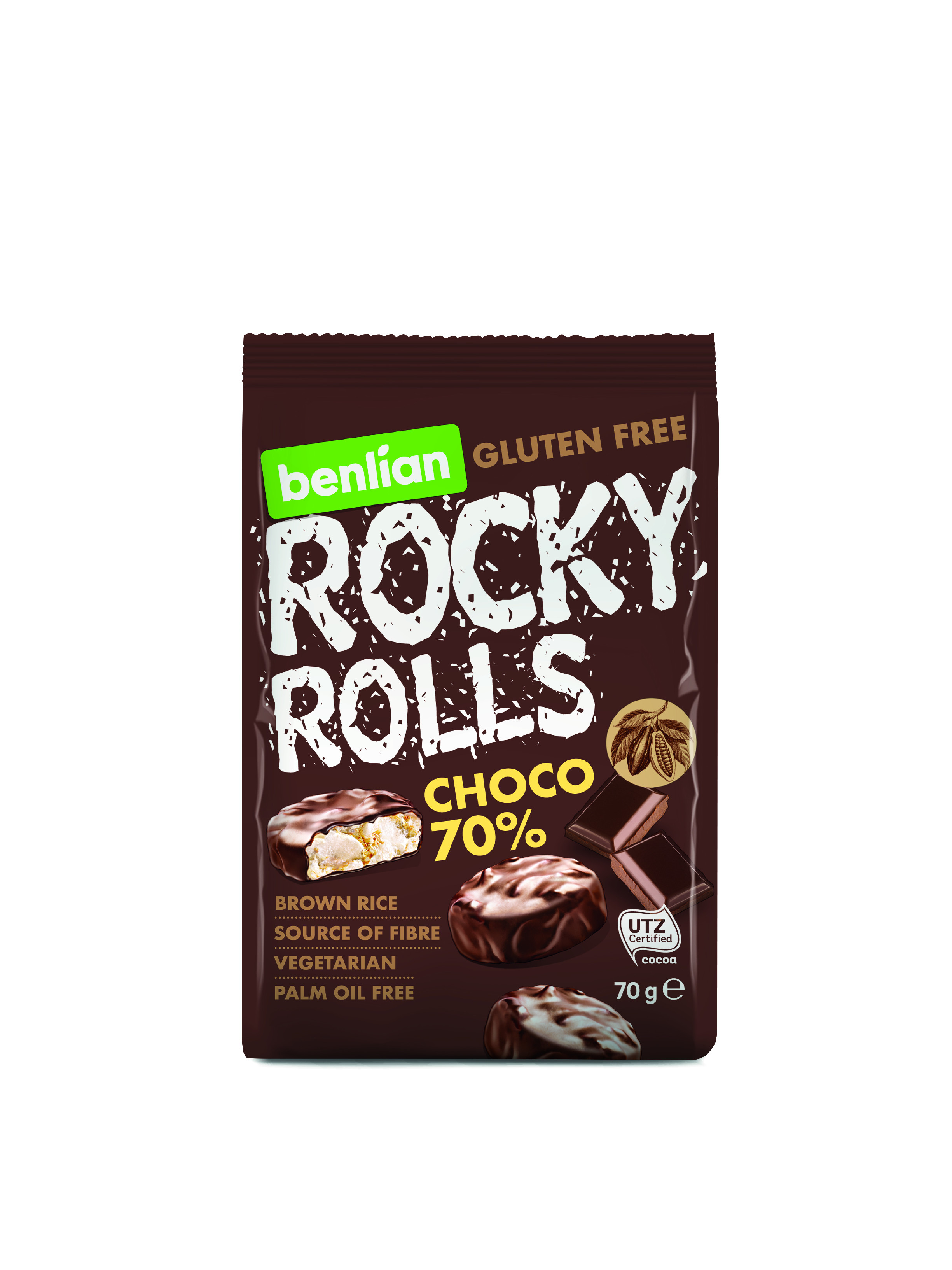 Levně Benlian Rocky Rolls rýžové minichlebíčky s hořkou čokoládou 70% 70 g