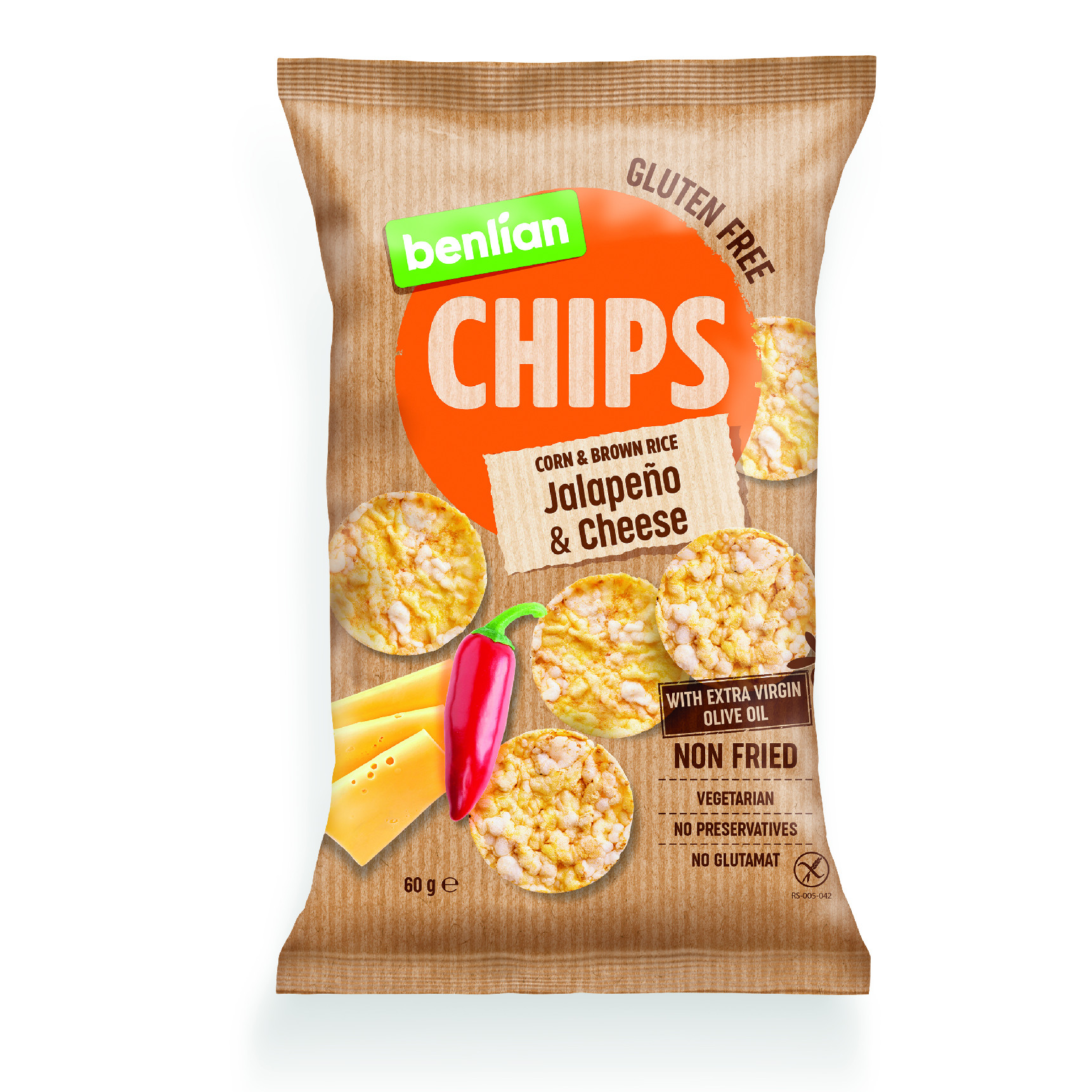 Benlian Rice Chips chipsy z kukuřice a hnědé rýže s příchutí jalapeno a sýru 60 g