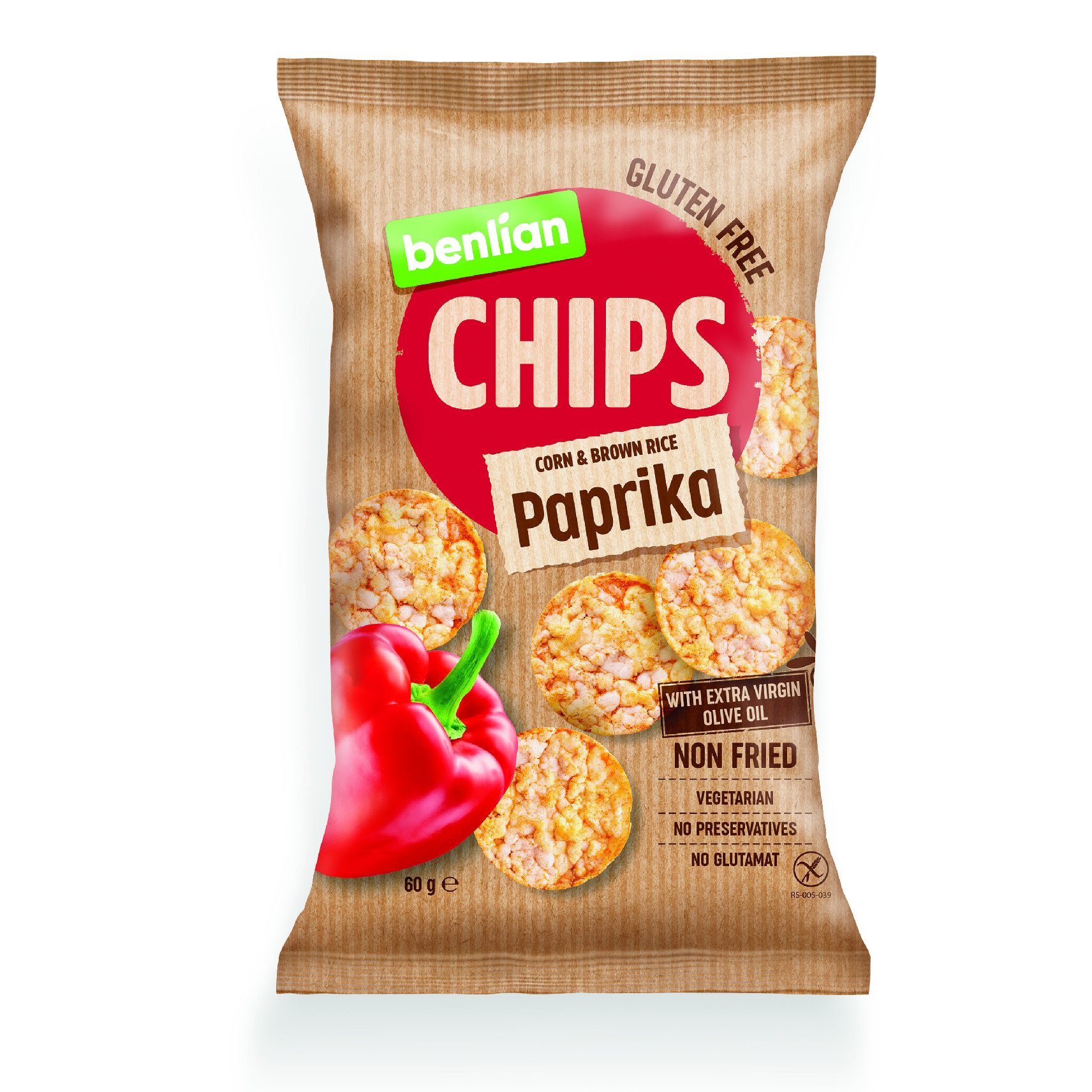 Benlian Rice Chips chipsy z kukuřice a hnědé rýže s příchutí papriky 60 g