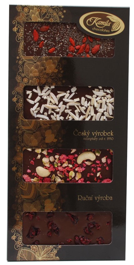 Levně Kamila Chocolates Tabulky hořkých čokolád s posypem MIX 4x50g - tmavá krabička