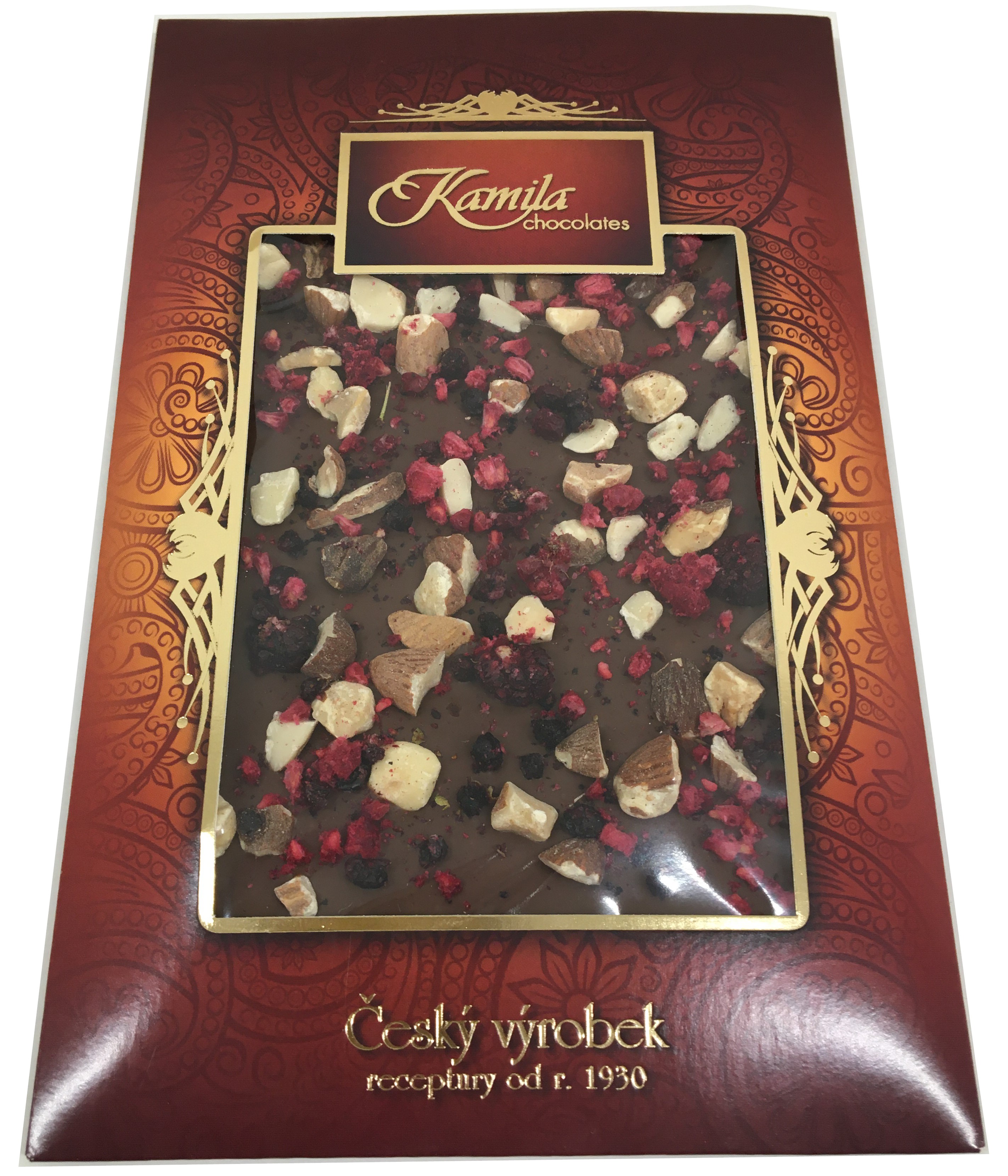 Levně Kamila Chocolates Mléčná čokoláda s mandlemi, ostružinami a malinami 70 g
