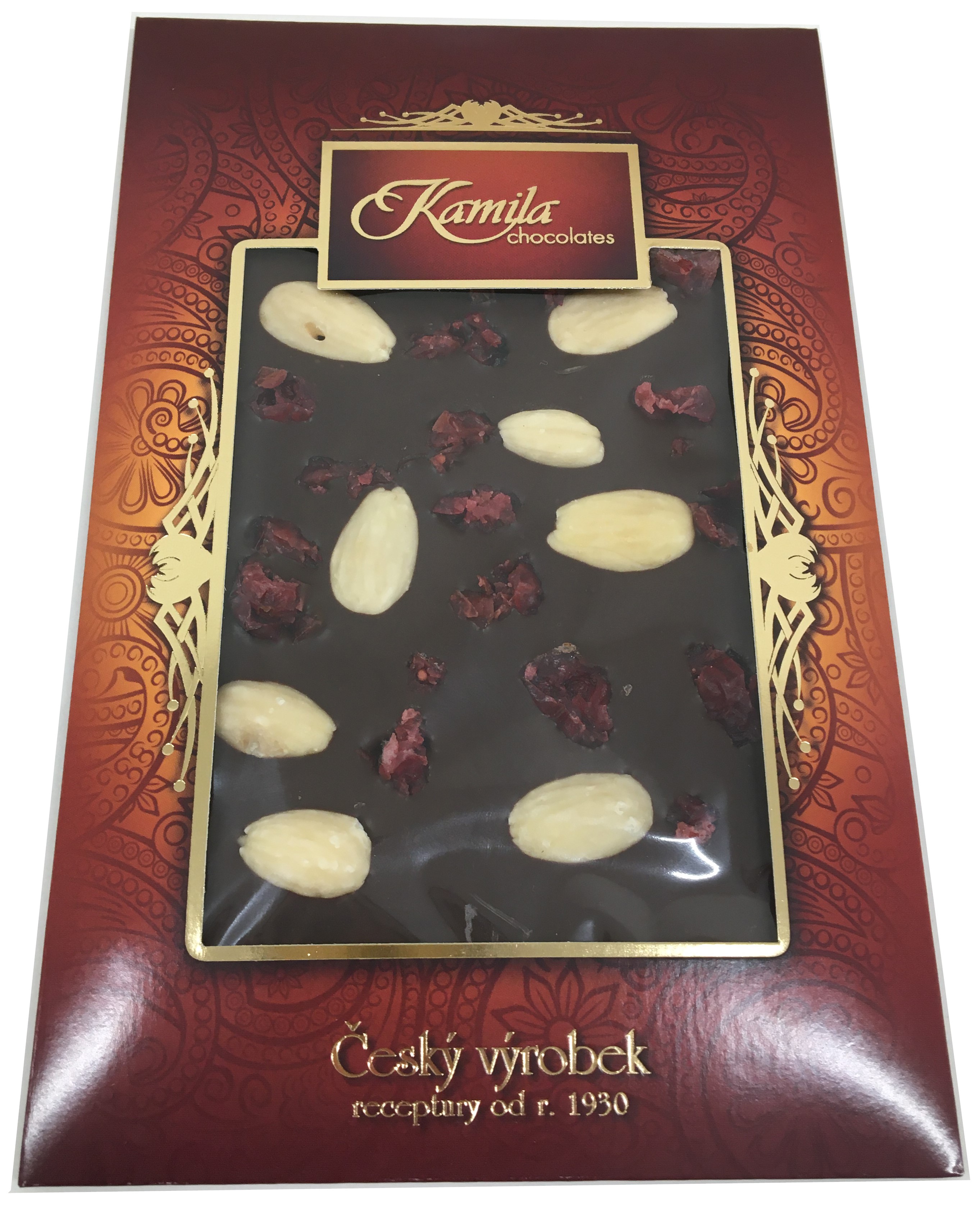 Levně Kamila Chocolates Hořká čokoláda s mandlemi a brusinkami 70 g