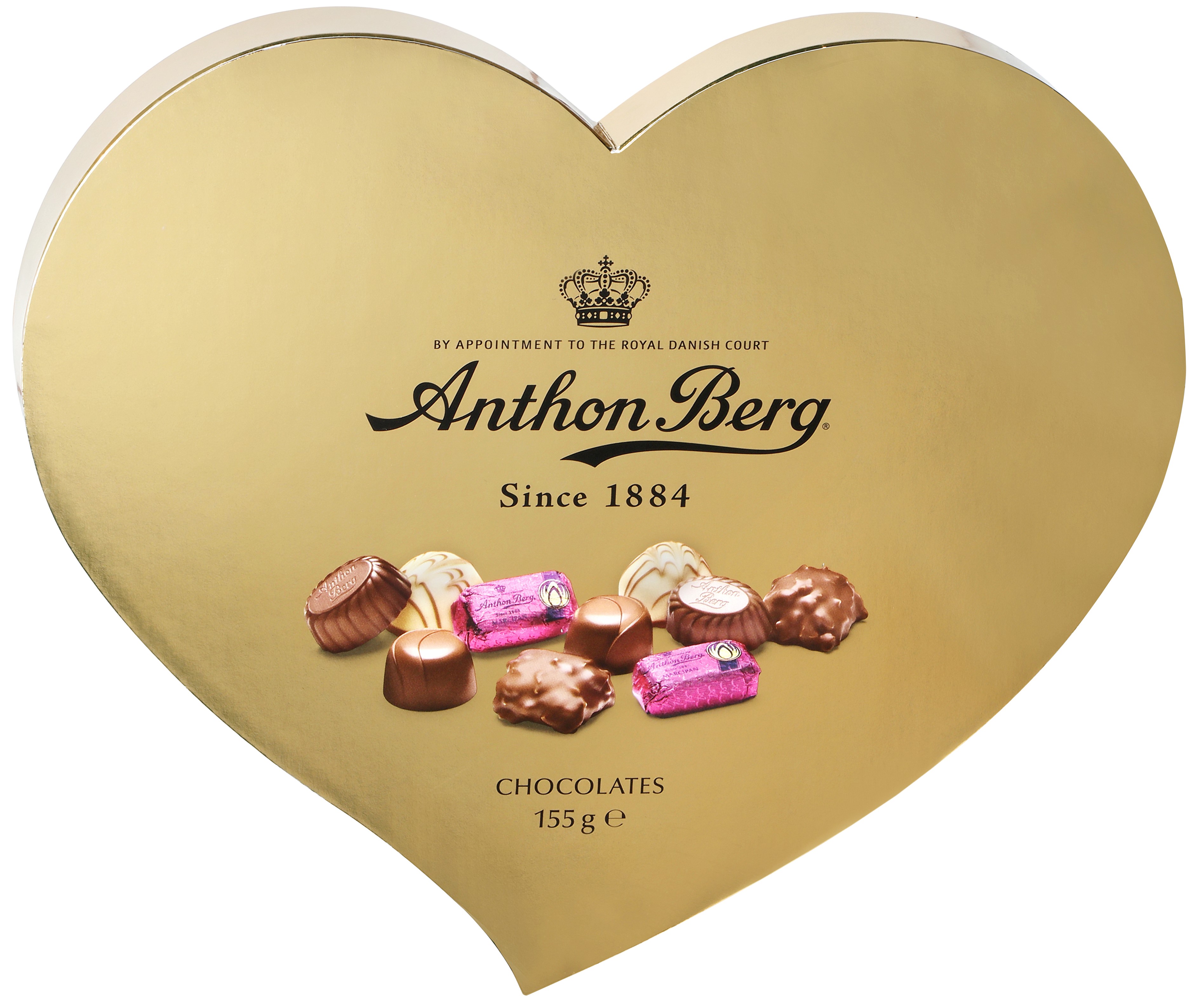 Levně Glomex, s.r.o. Anthon Berg luxusní bonboniéra ve tvaru srdce zlatá 155 g