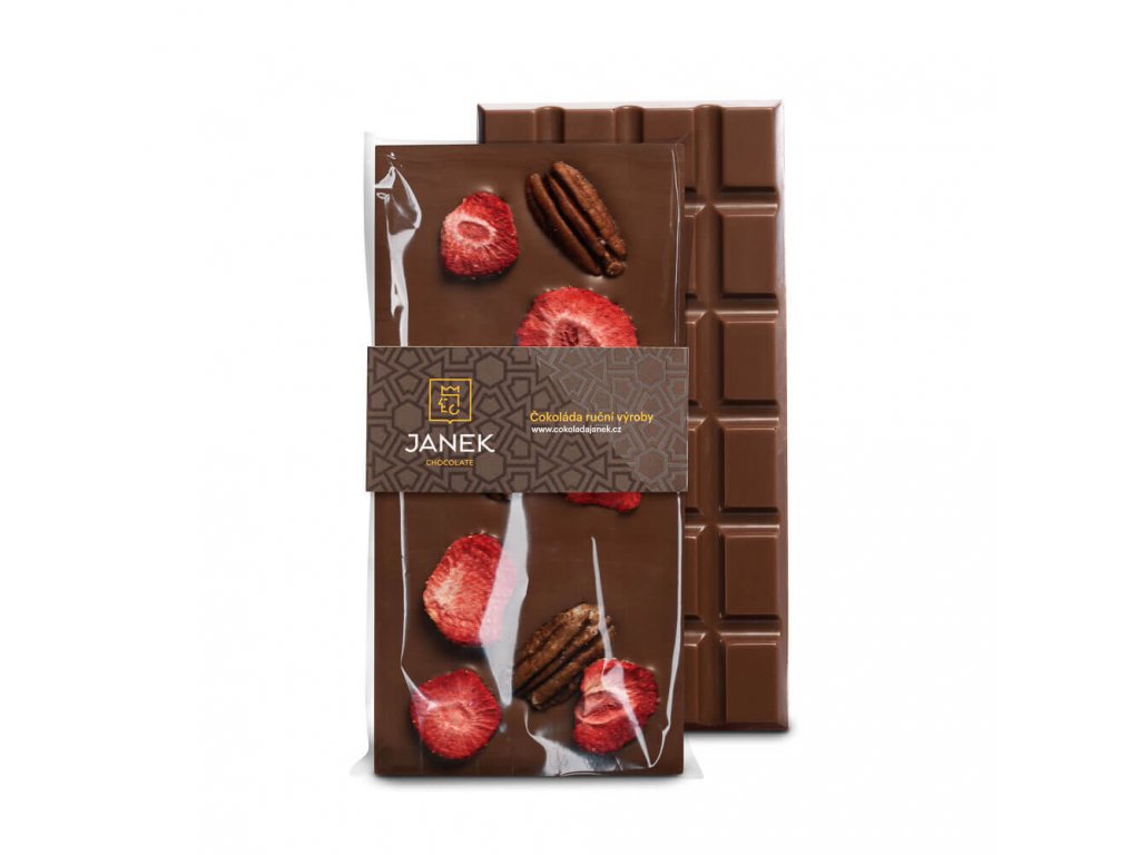 Levně JANEK 34% Mléčná čokoláda s pekanovými ořechy a lyofilizovanou jahodou 95g