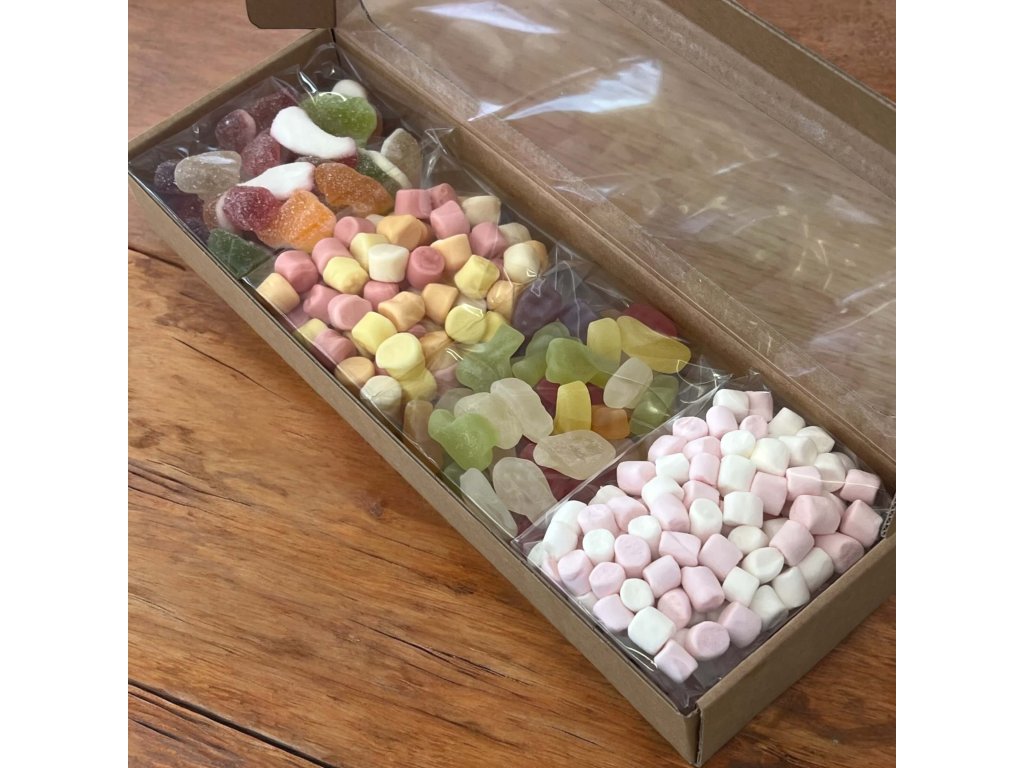 dárková ořechová krabička 4x sáček mix želé a marshmallow produkt 1 deluxe otevřená