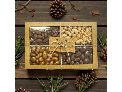 Dárková ořechová krabička plná ořechů 4 x 80g dřevo