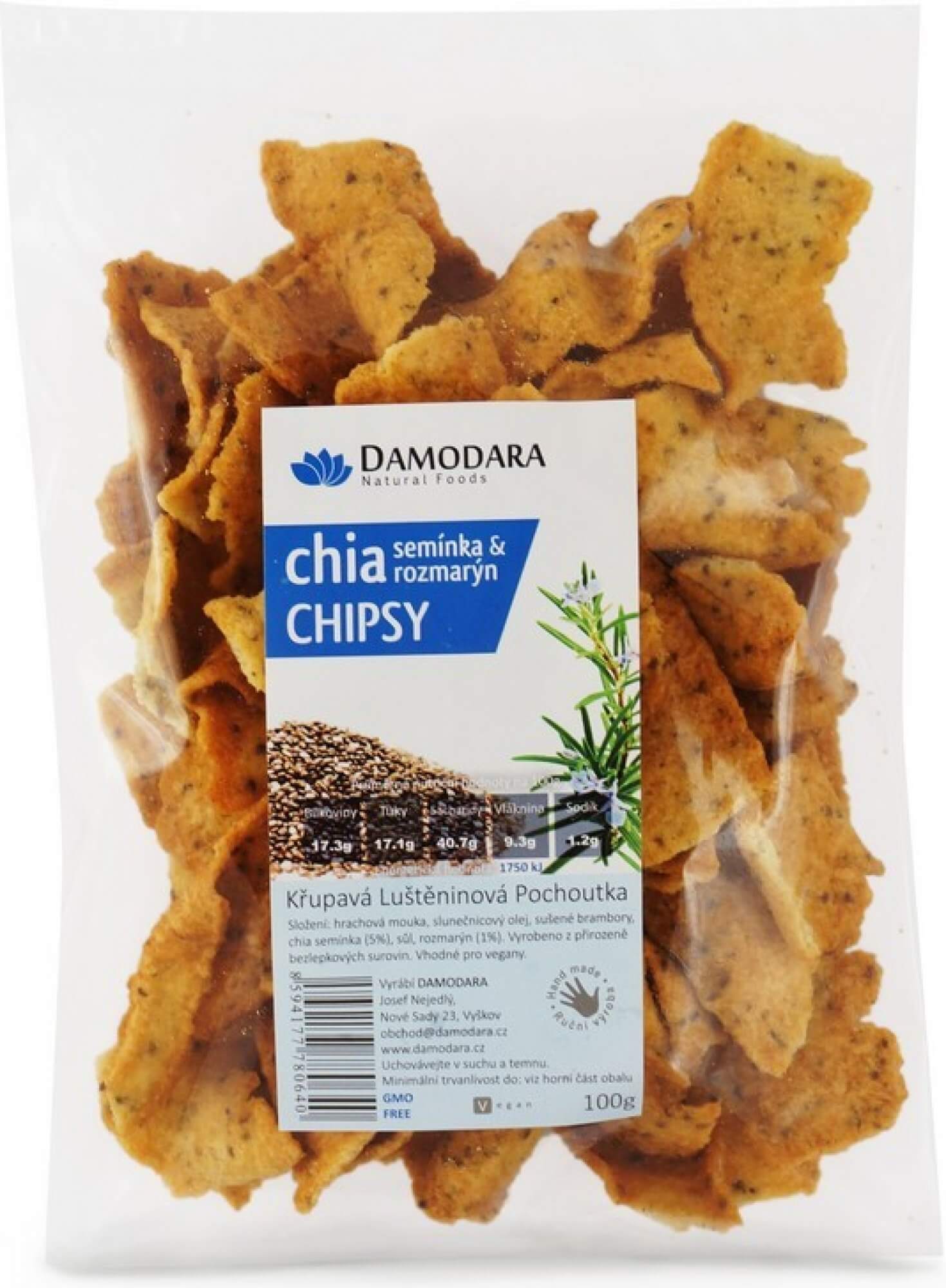 Levně Damodara Chia semínka a rozmarýn chipsy 100g