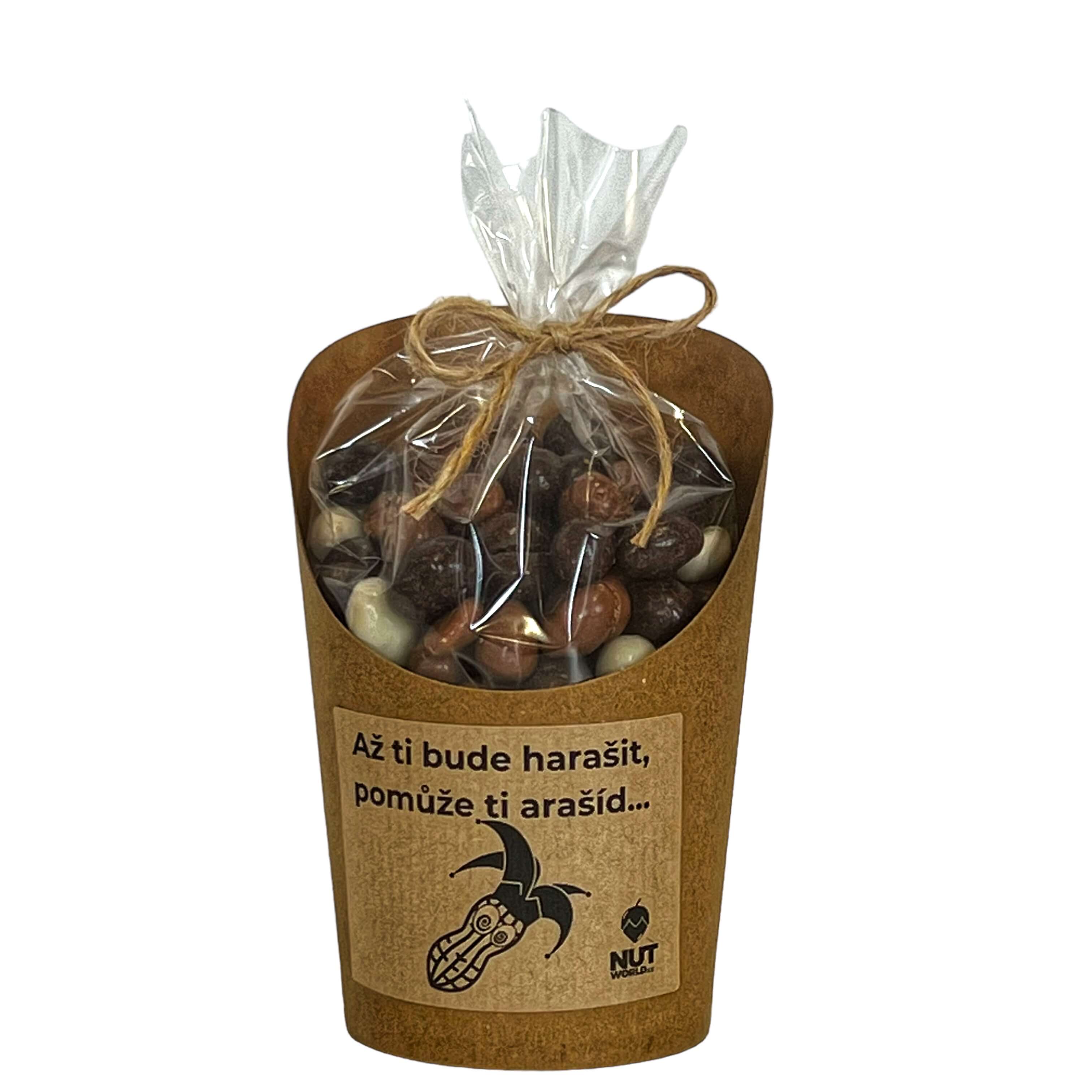 Nutworld.cz Arašídy tří barev v celofánku a kelímku 180g - AŽ TI BUDE HARAŠIT, POMŮŽE TI ARAŠÍD