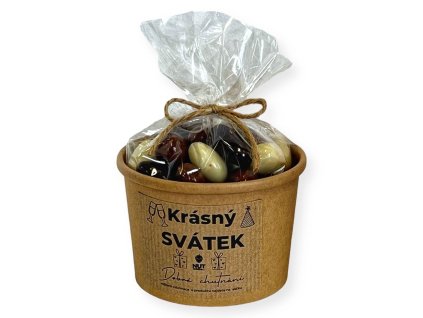EKO kelímek a celofán s oříšky dárek k svátku mix ořechový dárek k svátku mandle v čokoládě mix