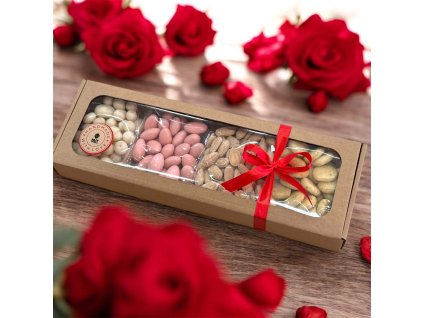 Valentánská zamilovaná ořechoví krabička MIX s červemou stuhou