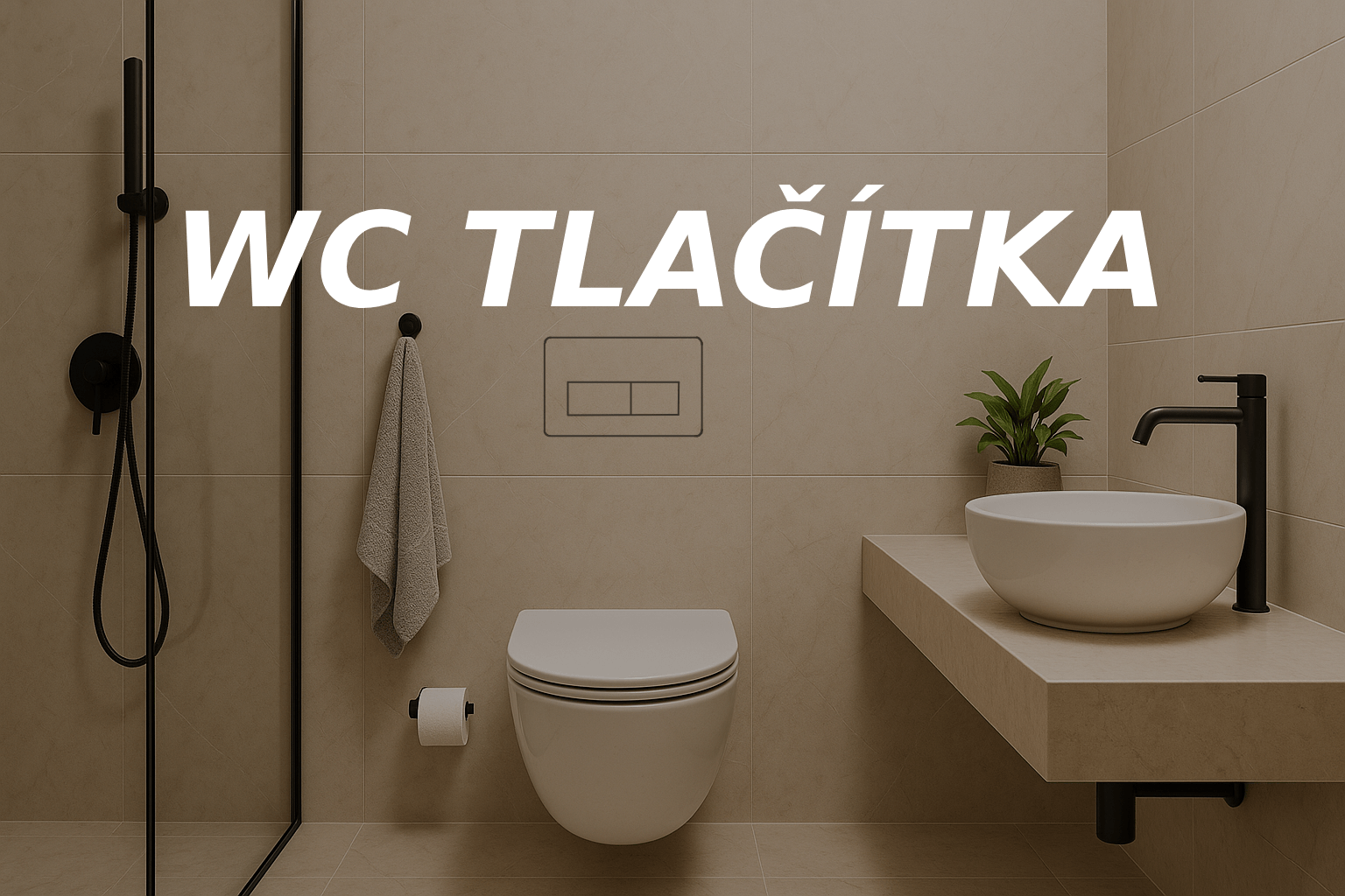 Kúpeľňa na ktorej je zobrazené WC tlačidlo pod obklad a iné dizajnové prvky